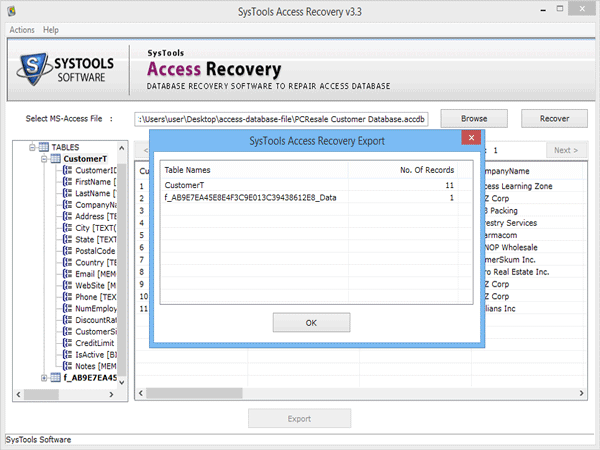 Recovered database exported