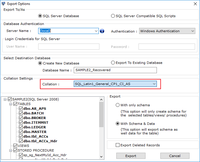 select the collation type