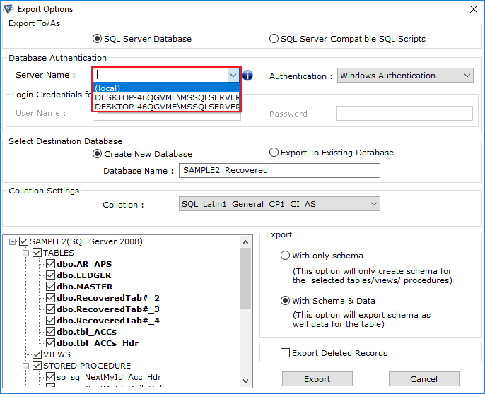 Export SQL database