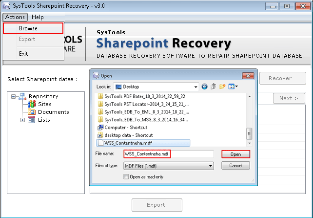 Browse corrupted or damaged sharepoint MDF file